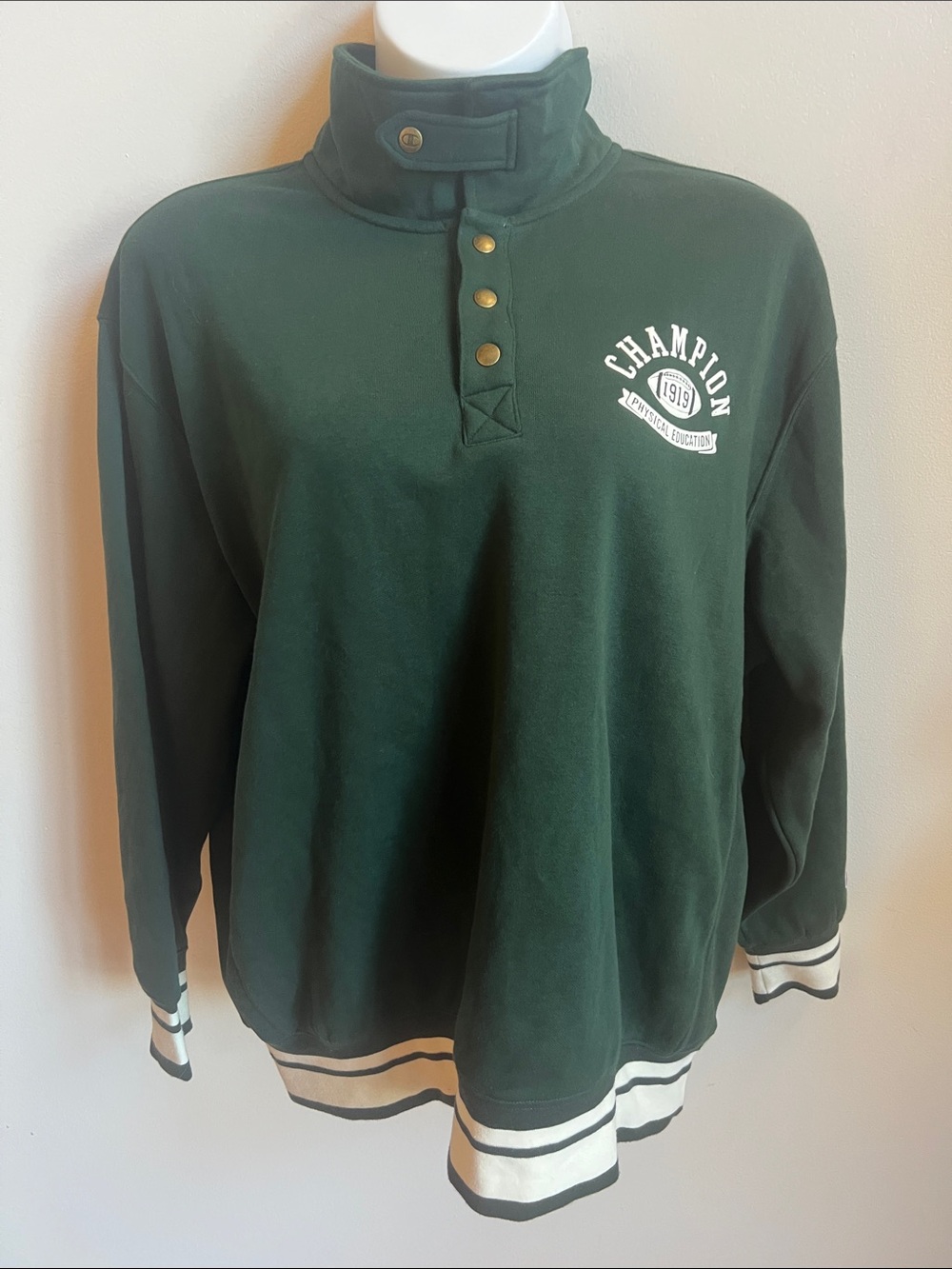 Champion Dark Green Snap-Neck Pullover with White Trim